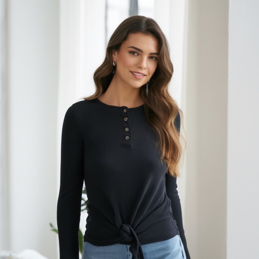 🌻5/$30🌻 C&C CALIFORNIA Casual Henley Waffle Top w/ Bottom Tie Long Sleeve Shirt